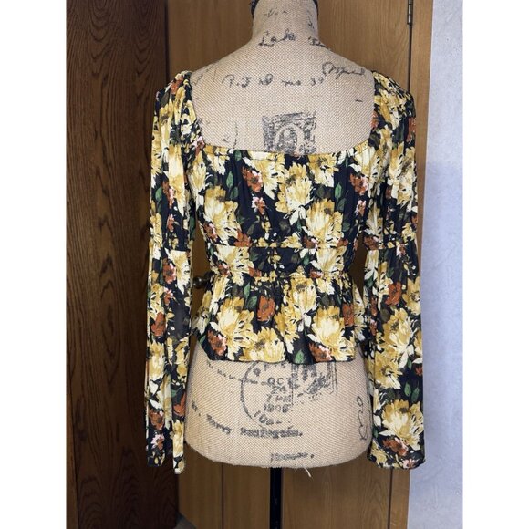 Womens Mesh Crop Top Floral Babydoll Coquette Y2k Fairy Goth Flare Sleeve XS - Picture 4 of 11